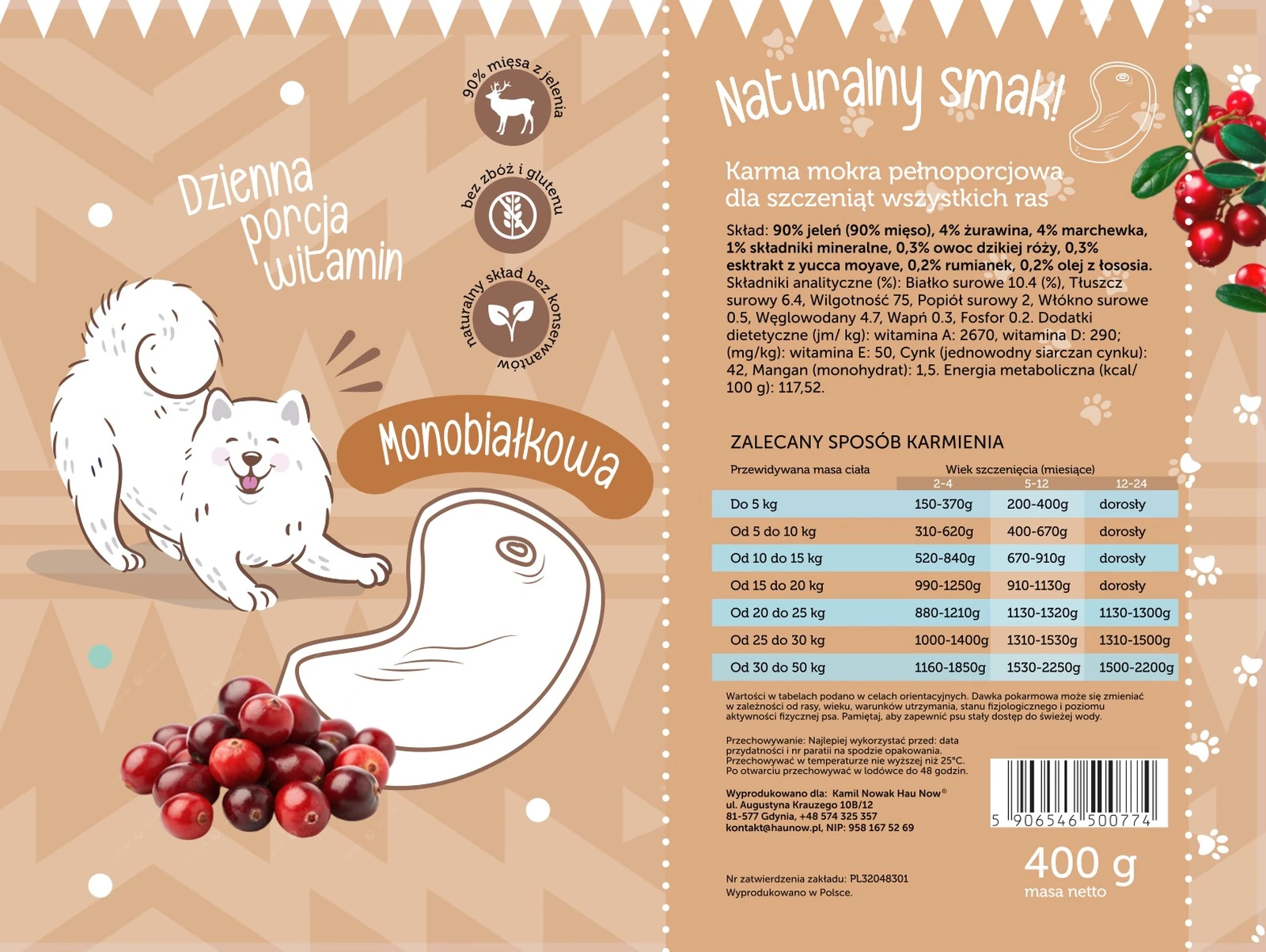 Mokra karma monobiałkowa jeleń z żurawiną Junior 400g Etykieta karmy mokrej Hau Now jeleń z żurawiną Junior 400 g ze składem i tabelą dawkowania
