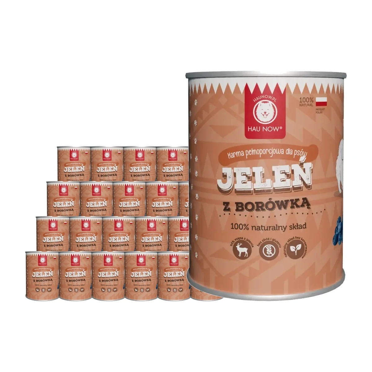 Zestaw 24 x jeleń z borówką 400g Zestaw 24 puszek Hau Now jeleń z borówką 400 g