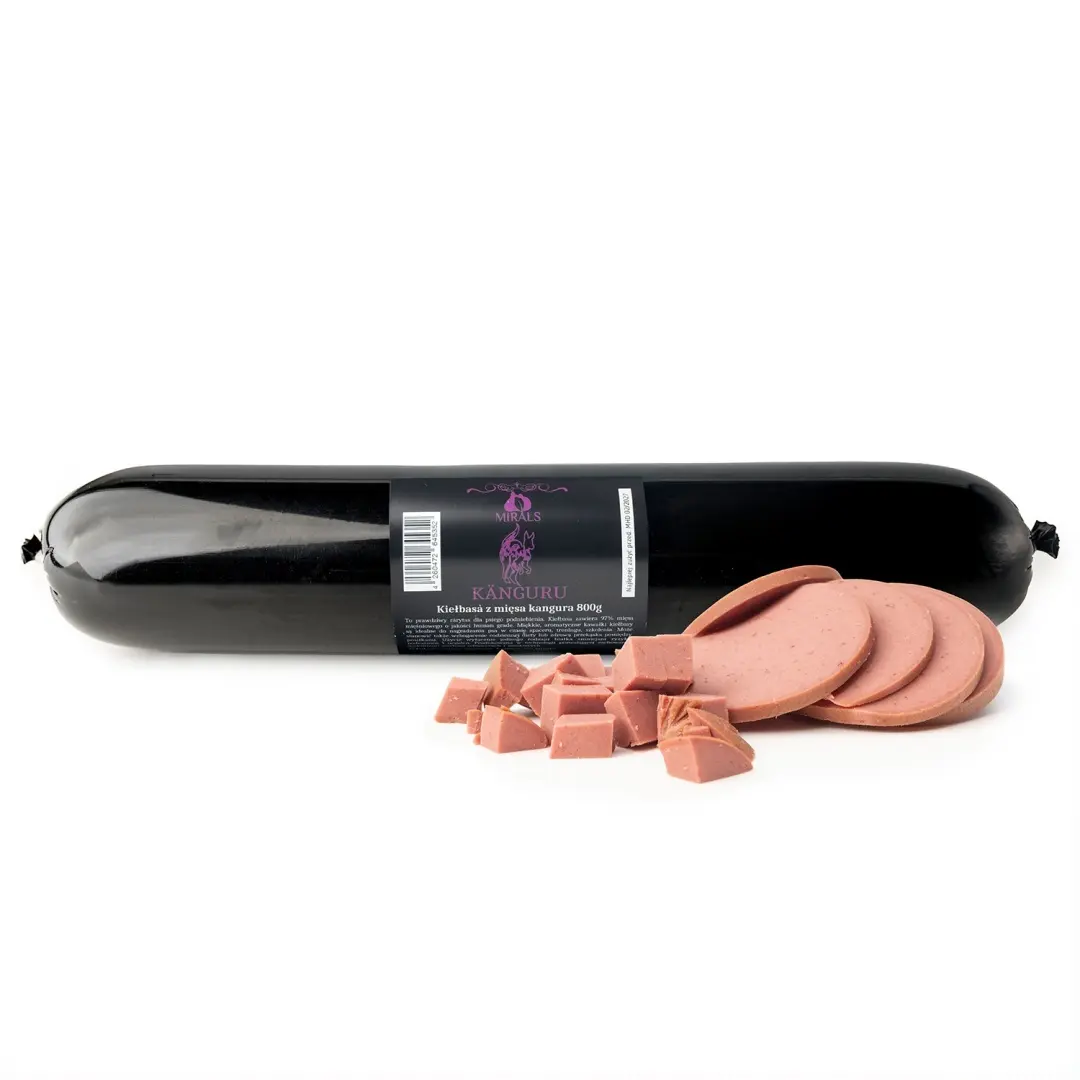 Mirals kiełbasa z kangura dla psa Mirals kiełbasa z kangura 800 g, plastry i kostka obok opakowania