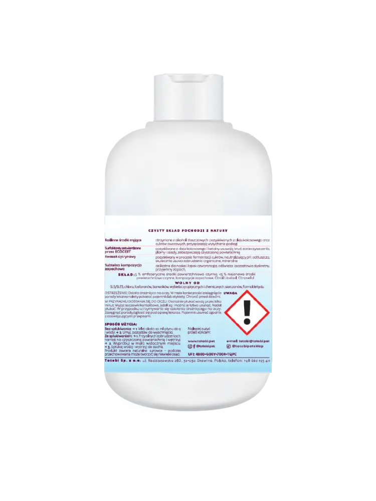 Totobi Naturalny płyn do mycia podłóg na co dzień 500ml Totobi Naturalny płyn do mycia podłóg na co dzień 500 ml, tył butelki z etykietą składu i ostrzeżeniem