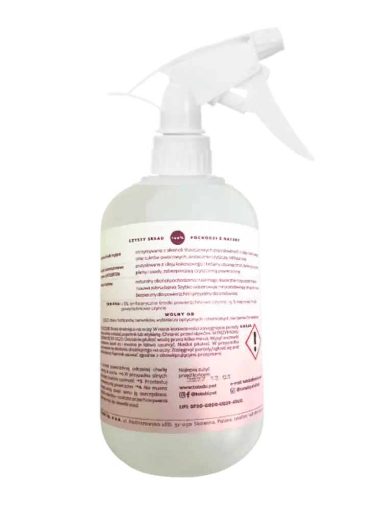 Totobi Naturalny uniwersalny płyn do czyszczenia 500ml Totobi Naturalny uniwersalny płyn do czyszczenia 500 ml, tył butelki z etykietą składu i ostrzeżeniem